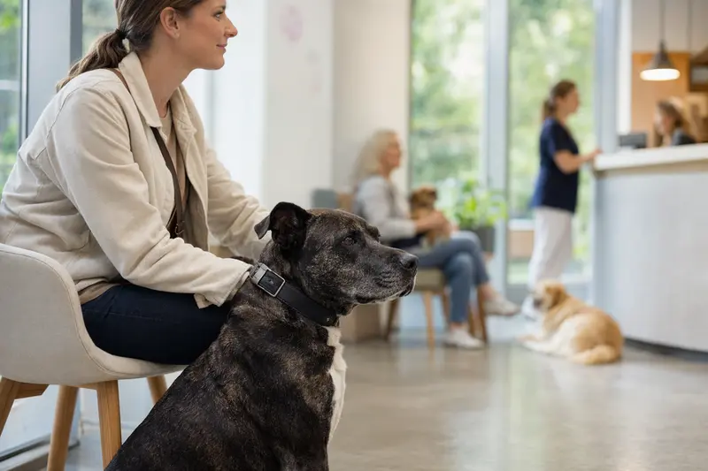 Ein Chien Corse sitzt ruhig neben seinem Besitzer im hellen Wartezimmer einer modernen Tierarztpraxis.